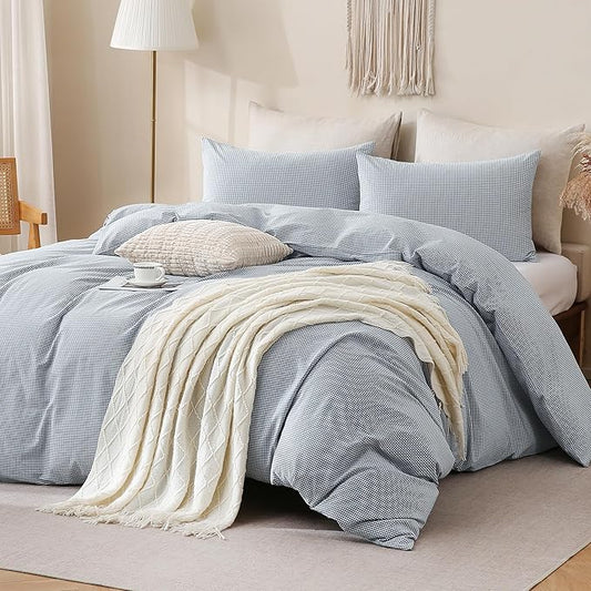 TOCOMOA Mini Gingham Blue Duvet Cover Bedding Set 100% Washed Cotton Like Linen Feel Super Soft Comfortable 3 Piece Small Plaid Checkered Comforter Cover Set (Queen 90"x90", Comforter Not Included)