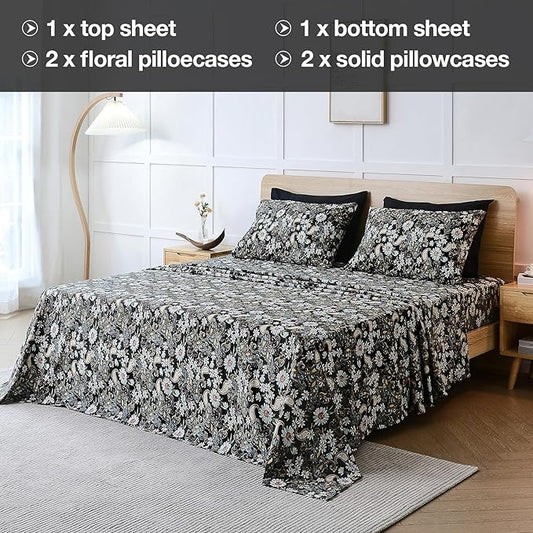JSD Black Paisley Floral Sheet Set Queen Size 6 Piece, Printed Pattern Soft Microfiber Bed Sheets Extra Deep Pocket