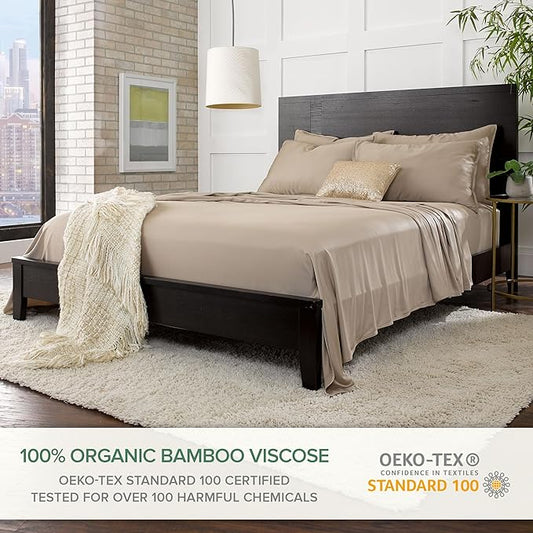 Pure Bamboo Queen Sheets, Genuine 100% Organic Viscose Derived from Bamboo Bed Sheet Set, Luxuriously Soft & Cooling, Double Stitching, 2 Year Quality Promise (Queen, Sand)