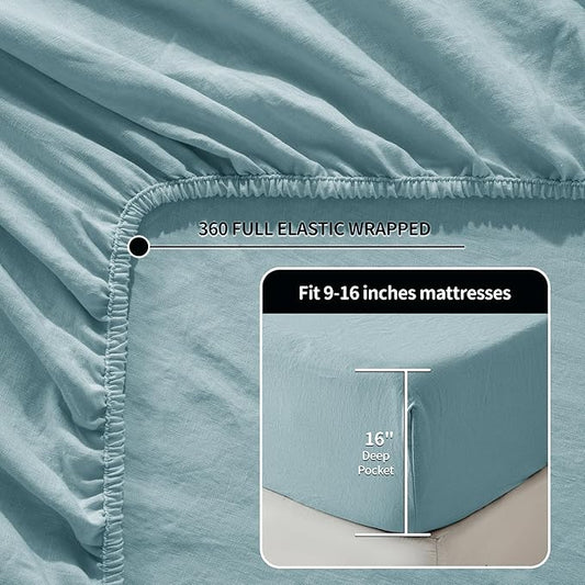 LBRO2M 100% Pure Linen Sheet Set Deep Pocket Up to 16" Bed Sheets Sets, Natural Flax Beddings Soft, Breathable, Comfortable for All Seasons 4 Pcs Sheet Set King Size, Ocean Blue