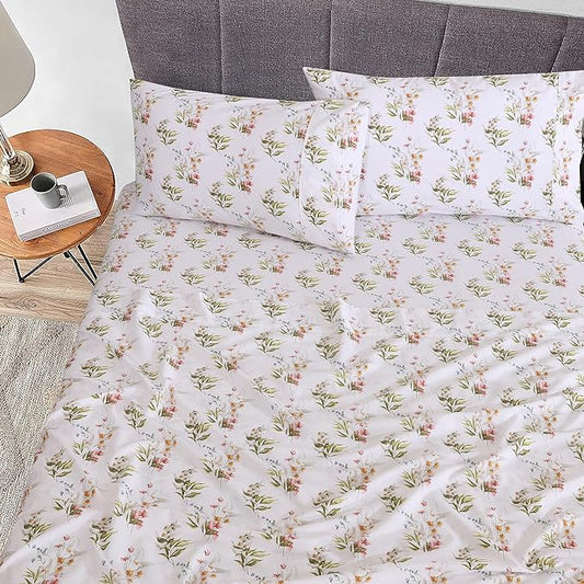 RUVANTI 100% Cotton Sheets – Twin Size Percale Bedding, Cooling & Breathable Floral Design, Durable with a Crisp, Soft & Comfortable Feel, 16" Deep Pocket, 3-Piece Set, Floral Bliss