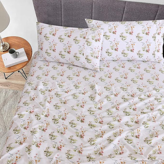 RUVANTI 100% Cotton Sheets โ Split King Size Percale Bedding, Cooling & Breathable Floral Design, Durable with a Crisp, Soft & Comfortable Feel, 16" Deep Pocket, 5-Piece Set, Floral Bliss