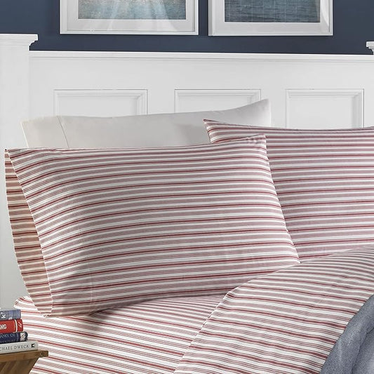 Nautica - King Sheets, Cotton Percale Bedding Set, Casual Home Decor (Coleridge Stripe Red, King)