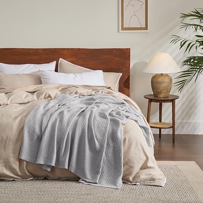 Bedsure Gentlesoft 100% Cotton Blanket King Size for Bed - Cooling Breathable and Soft for Spring Summer, Thick Cozy Waffle Weave Blanket Gifts for Women, Grey, 104x90 inches