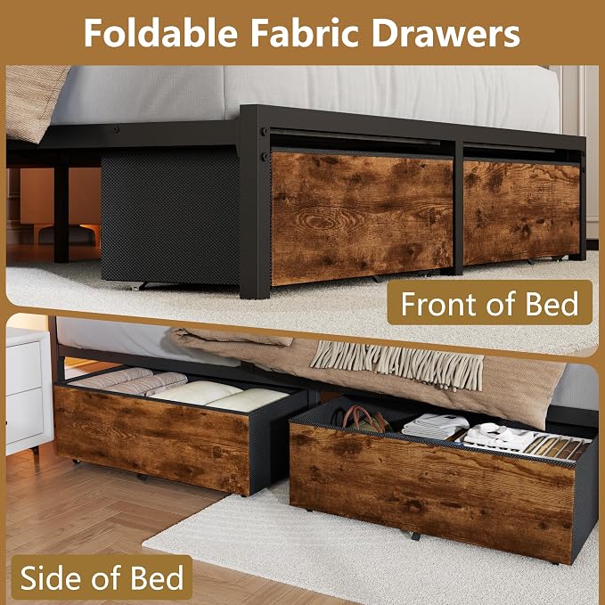 Forestell Full Size Bed Frame with Wood Headboard,2 Storage Drawers & Shelf | Built-in Charging Station & LED Lights, Metal Support, No Box Spring Needed, noise-free, easy assembly, Smart RGB, USB+Type-C
