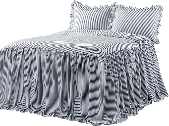Lush Decor Ticking Stripe Bedspread Queen Size 3 Piece Set Navy - Ruffle Bedding Set Queen Bedspreads - Striped Bedding - Farmhouse & Coquette Decor