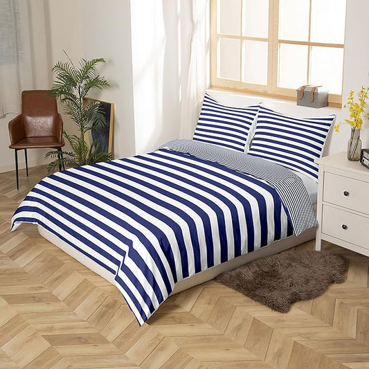 Navy Blue Stripe Comforter Set King Size White Geometric Ticking Stripes Reversible Down Comforter Farmhouse Horizontal Stripes Gothic Home Decor Duvet Set Modern Abstract Striped Bedding Set