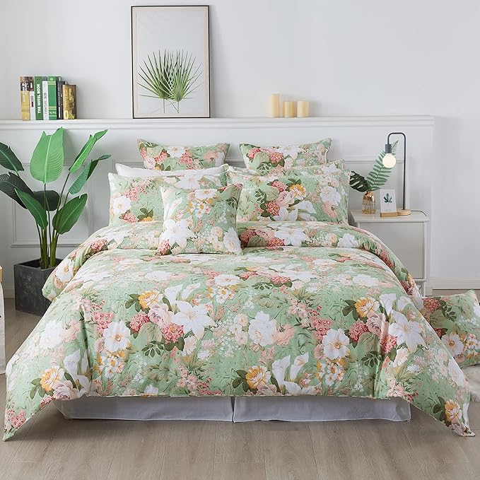 FADFAY Floral Duvet Cover Set Queen 100% Cotton Shabby Vintage Bedding 600 TC Mint Green White Flower Women Elegant Lily Print Comforter Cover Zipper Corner Ties Soft Bed Cover 3 Pcs