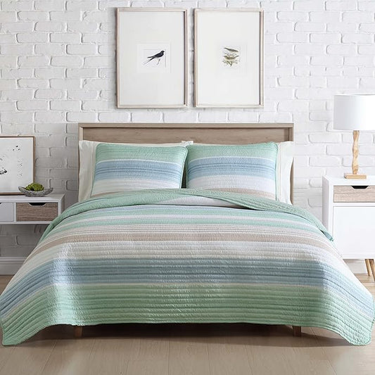 Beatrice Home Fashions Coralinn Striped 3-Piece Quilt Set, Lightweight, All-Seasons, Full/Queen, Sage Blue
