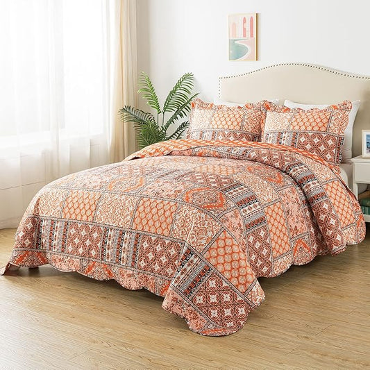 HoneiLife King Quilt Bedding Set - 3 Pieces Vintage Quilt Sets Microfiber Bedspreads Floral Coverlets Retro Bed Cover All Season Quilts-Pumpkin