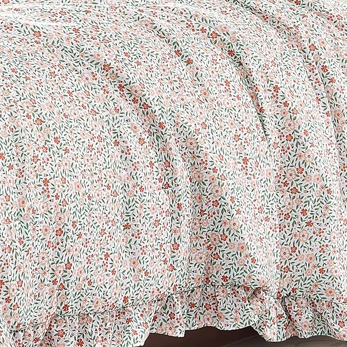 Full Comforter Set - 7 Pieces Ruffle Pink Ditzy Bedding Sets, Shabby Chic Farmhouse Bed in a Bag Full with Floral Comforter, Sheets, Pillowcases & Shams