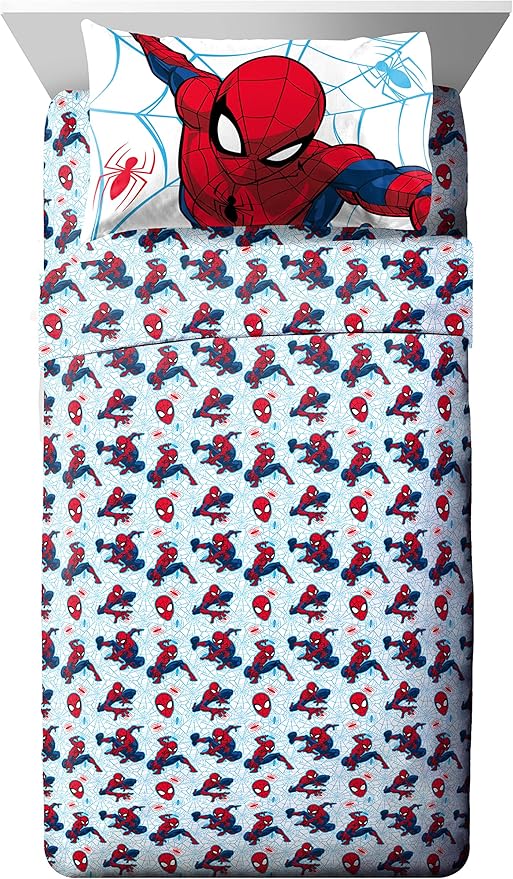 Jay Franco Marvel Spiderman Webtastic 4 Piece Toddler Size Bed Set – Super Soft Microfiber Bed Set Includes Toddler Size Reversible Comforter & Sheet Set Bedding (Official Marvel Product)