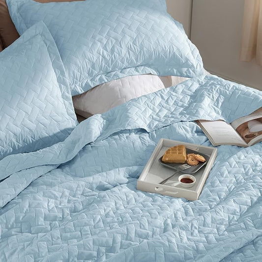 Bedsure Quilts Queen Size - Lightweight Bedspreads Queen Size with Basket Weave Pattern, Soft Quilt Bedding Set, Sky Blue Comforter Set Coverlet for All Seasons with 2 Pillow Shams (90" x 96") | Skin-Friendly Soft, All-Season Comfort, Breathable, Light...