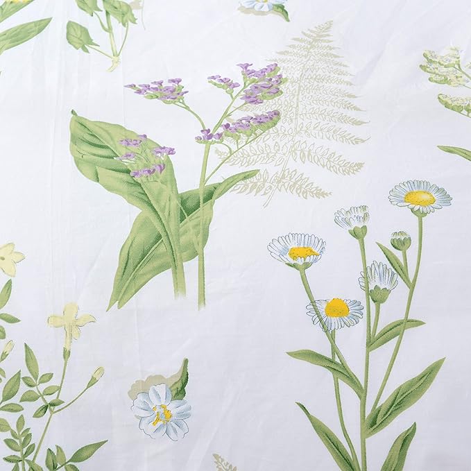 FADFAY Duvet Cover Set Queen Shabby Green Daisy and Lavender Flowers 100% Cotton with Hidden Zipper Closure 3-Piece:1 Duvet Cover & 2 Pillowcases Queen Size
