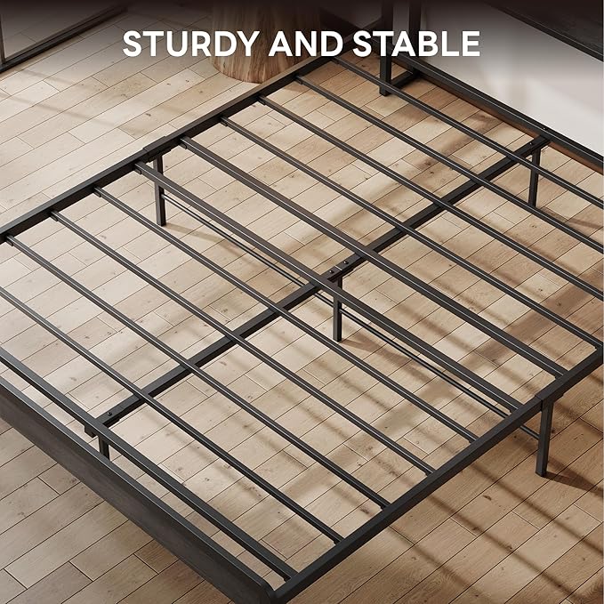 LIKIMIO Queen Bed Frame with Headboard, Dark Wood Camas Queen with Strong Supports, Sturdy, Noise-Free, No Box Spring Needed, Charcoal Grey