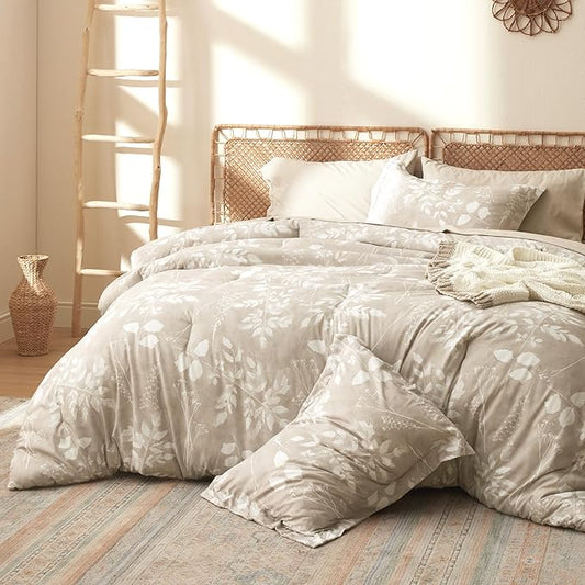Bedsure Queen Comforter Set - 7 Pieces Floral Beige Soft Bedding Sets, Queen Bed in a Bag with Botanical Flowers Comforter, Sheets, Pillowcases & Shams