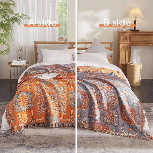 Boho Throw Blanket for Bed 90”x98”, 100% Cotton Woven Blanket for Couch Sofa, Ultra Soft 4-Layer Muslin Quilt with Floral Printed, Farmhouse Bed Blanket/Cover for Living Room Decor