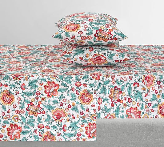 Feather & Stitch Softest 100% Cotton Sheets, 300 Thread Count Percale Weave Bedding, 16" Deep Pocket, Cooling Sheets, Breathable Bed Set, Hotel Premium Quality (Queen, Vintage Garden)