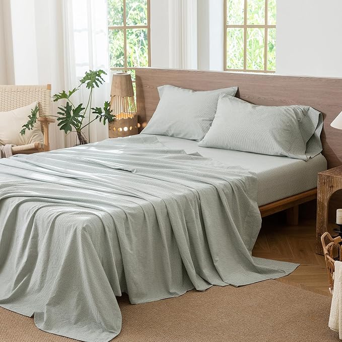 MooMee Striped Sheet Set 100% Washed Cotton Linen Like Textured Breathable Durable Soft Comfy (Heathered Green Pinstripes, Queen)