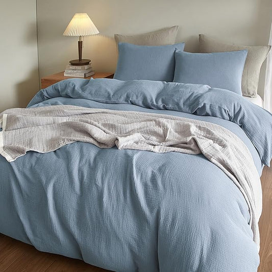 SE SOFTEXLY Muslin Duvet Cover Queen Size, 100% Washed Cotton Duvet Cover Set, Ultra Soft Comforter Cover Linen Like, 3 Pieces Minimalist Gauze Duvet Cover with 2 Pillowcases, 90"x90", Blue