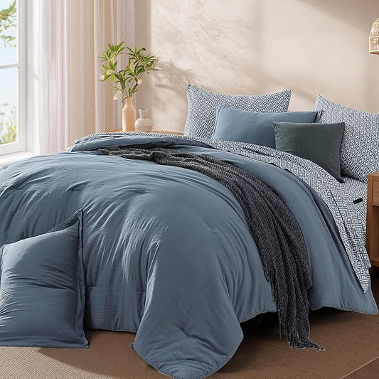 Monbix Full Size Comforter Set - 7 Pieces Oxford Blue Prewashed Bed in a Bag Full Bedding Sets with Comforters, All Seasons Ultra Soft Comforter Bed Set with Sheets,Pillowcases & Shams