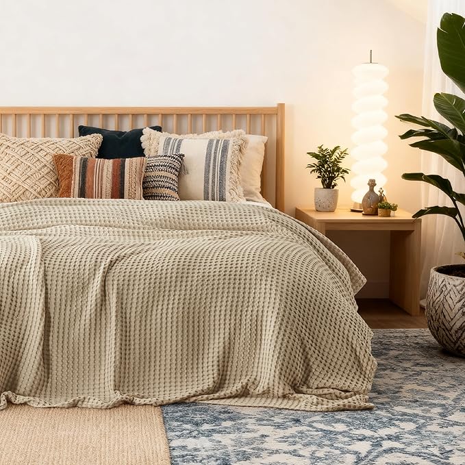 Bedsure Cooling Cotton Waffle Queen Size Blanket -Lightweight Breathable Blanket of Rayon Derived from Bamboo for Hot Sleepers, Luxury Throws for Bed, Couch and Sofa, Light Brown, 90x90 Inches