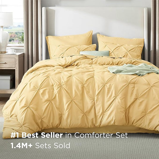 Bedsure Twin Comforter Set Yellow - Bed in a Bag Twin Size Bedding 5 Pieces, GentleSoftโข Pintuck Bed Set Gift for Family, Pinch Pleat Yellow Comforter with Sheets, Pillowcase & Sham
