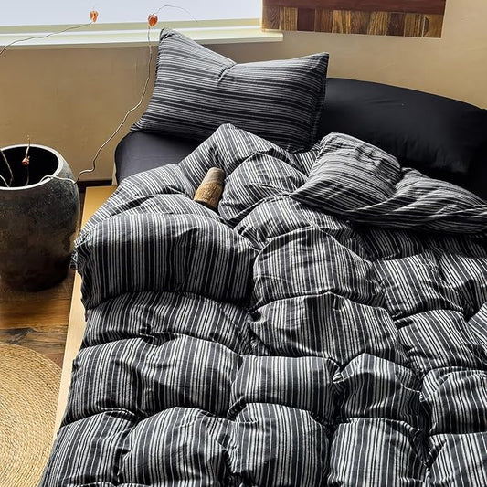 VM VOUGEMARKET Black White Striped Duvet Cover King,Japanese Style Washed Cotton Duvet Cover with 2 Pillowcases,Breathable Comforter Cover for Cozy Minimalist Bedrooms