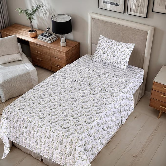 RUVANTI 100% Cotton Sheets – Twin Size Percale Bedding, Cooling & Breathable Floral Design, Durable with a Crisp, Soft & Comfortable Feel, 16" Deep Pocket, 3-Piece Set, Heritage