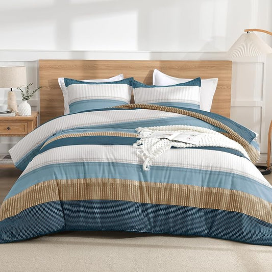 Litanika Comforter Set Queen Size Green Yellow - 3 Pieces Lightweight Colorblock Stripe Fluffy Bedding Comforter Sets, All Season Bed Set