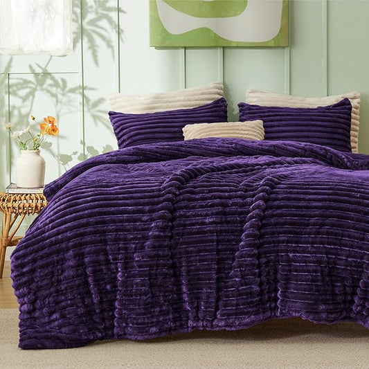 Bedsure King Comforter - GentleSoft™ 3 Pieces Double-Side Fleece Fluffy Purple Comforter Set, Cozy Striped Room Decor Aesthetic, Luxury King Size Bedding with 2 Pillowcases, 104x90 Inches