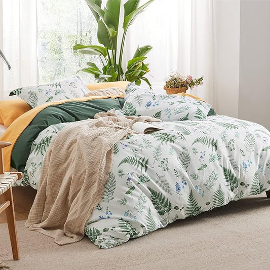 Bedsure Duvet Cover Queen Size - Reversible Plants Duvet Cover Set with Zipper Closure, 3 Pieces Green Bedding Set with 8 Corner Ties and 2 Pillow Shams 20"x26"