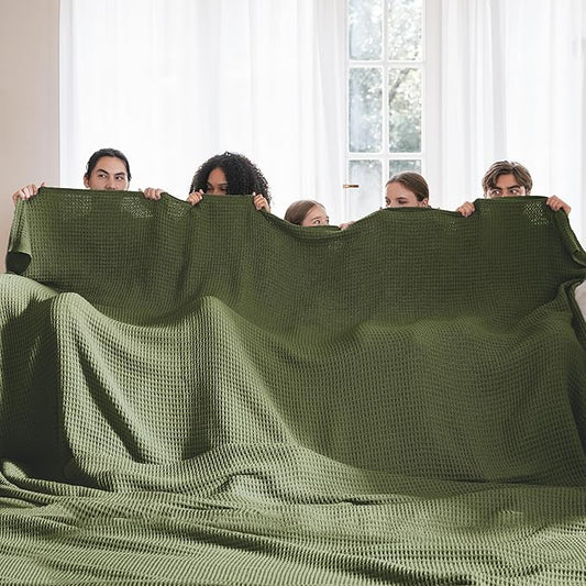 Bedsure Gentlesoft 100% Cotton Big Blanket Oversized King for Bed - Large Breathable Thick Waffle Weave Blanket for Summer, Couch Cover, Olive Green, 120x94 inches