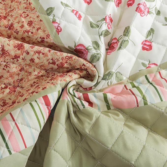 HoneiLife Queen Size Quilt Sets - Microfiber Quilt Set 3-Piece,Lightweight Bedspreads Reversible Coverlets Retro Bed Cover Floral Bedding Set, Queen Quilt Bedding Sets for All Season Use