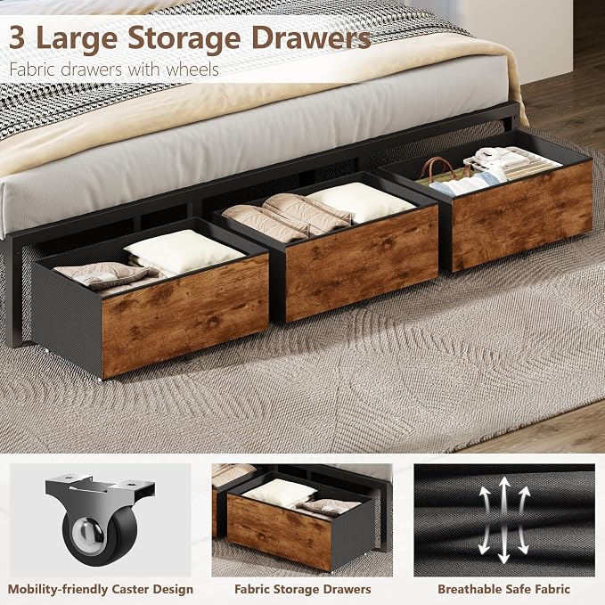 Forestell King Size Bed Frame with Wood Headboard,3 Storage Drawers & Shelf | Built-in Charging Station & LED Lights, Metal Support, No Box Spring Needed, noise-free, easy assembly, Smart RGB, USB+Type-C