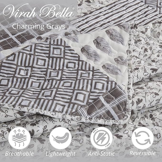 Virah Bella Quilt Bedding Set in King Phyllis Dobbs Charming Grays Printed Lightweight Reversible Quilt with 2 Matching Pillow Shams - Cozy & Beautiful Contemporary-Themed Bedding