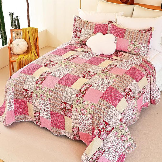 Cmfshape Summer Floral California King Bedspread,Romantic Pink Quilt Set King,Reversible Stitched Bedding Set All Season,Soft Lightweight Coverlet with Pillow Cases (Hot Pink&Rose, King106 x96)