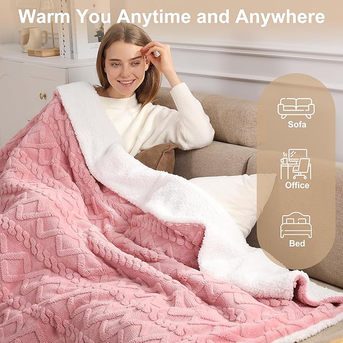 Heated Throw Blanket 50"x60" with 5 Heating Levels & 4 Hours Auto Off, Soft & Plush Sherpa Electric Blanket Throw with ETL & FCC Certification for Home Use, Machine Washable, Great Gift, Pink