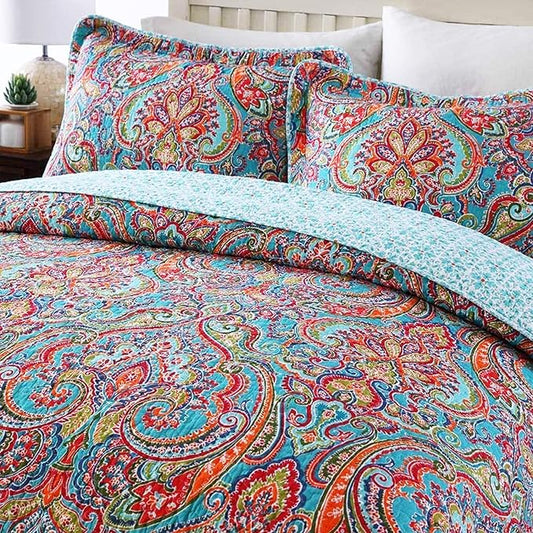 Travan 3-Piece Bedspread Quilt Set Oversized Quilted Bedding Reversible Cotton Coverlet Set with Shams, Gorgeous Floral Pattern, King Size