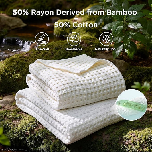 Bedsure Cooling Cotton Waffle Full Size Blanket - Lightweight Breathable Blanket of Rayon Derived from Bamboo for Hot Sleepers, Luxury Throws for Bed, Couch and Sofa, White, 80x90 Inches