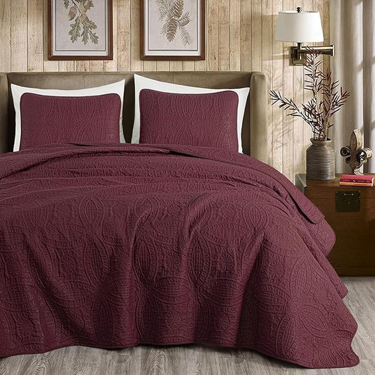 Chezmoi Collection Austin 3-piece Oversized Bedspread Coverlet Set (Queen, Burgundy) | Oversized, Lightweight, Fade Resistant