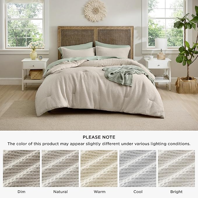 Bedsure Waffle Comforter Set King, Linen Soft Bedding, Waffle Weave Bed Set, 3 Pieces, 1 Comforter (104"x90") and 2 Pillow Shams, Cotton Shell and Polyester Lining for All Seasons