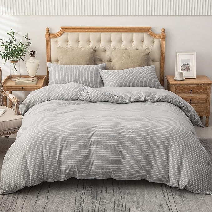 PURE ERA Jersey Knit Duvet Cover Set 100% T-Shirt Heather Cotton Super Soft Comfy Classic Striped Design, with Zipper Closure, Grey & White Pintripe, King