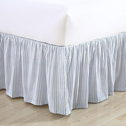 Laura Ashley - Queen Size Bedskirt, Soft Cotton Ruffled Bedding for Year Round Use, Striped Bedding with 14.5" Drop (Ticking Stripe Blue)