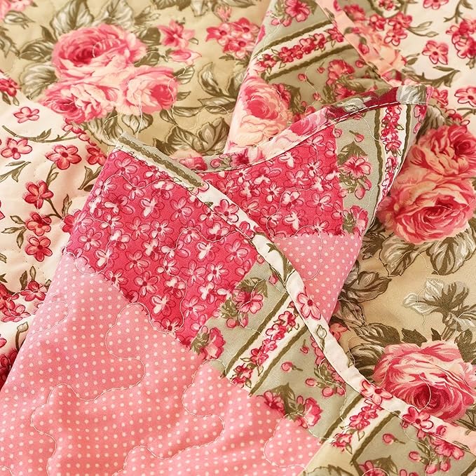 Cmfshape Summer Floral Oversize King Bedspread,Romantic Pink Quilt Set King,Reversible Stitched Bedding Set All Season,Soft Lightweight Coverlet with Pillow Cases (Hot Pink&Rose, Super King114 x102)