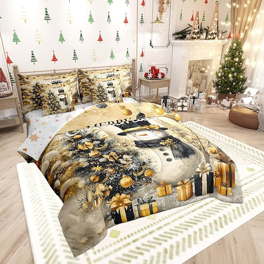 Castle Fairy Gold Christmas Tree 7 Pieces Comforter Sets Full,Luxury New Year Gifts Bedding Set for Kids Girls,Winter Cartoon Snowman Snowflake Bed in a Bag with Comforter,Sheets and Pillow Cases