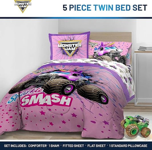 Jay Franco Kids Comforter Set Includes Sheets and Pillow Covers - Soft and Cozy Bed Set for Stylish Room Decor, Pink - Monster Jam, 5 Piece Twin Bedding
