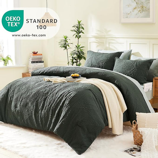 Geniospin Queen Comforter Set - 7 Pieces Dark Green Bedding Set, Botanical Textured Comforter Bed Set, All Season Lightweight Bed in a Bag with Comforter, Sheets, Pillowcases & Shams