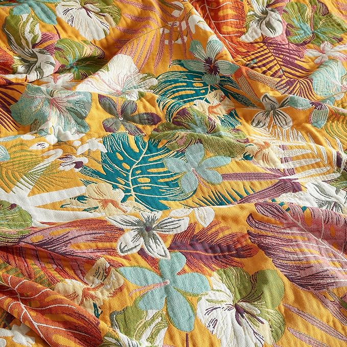 Boho Throw Blanket for Bed 60”x80”, 100% Cotton Woven Blanket for Couch Sofa, Ultra Soft 4-Layer Muslin Quilt with Floral Printed, Farmhouse Bed Blanket/Cover for Living Room Decor