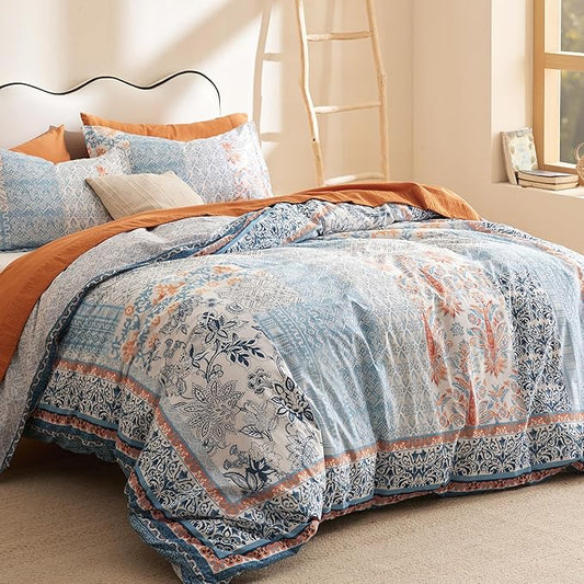 Bedsure Duvet Cover Queen Size - 100% Cotton Reversible Floral Queen Duvet Cover Set with Zipper Closure, 3 Pieces Soft & Breathable PureWoven Bohemian Blue Bedding Set with 2 Pillow Shams 20"x26"